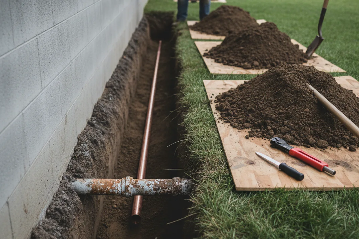 Excavated water line trench during Sewer Line Repair in Nottingham
